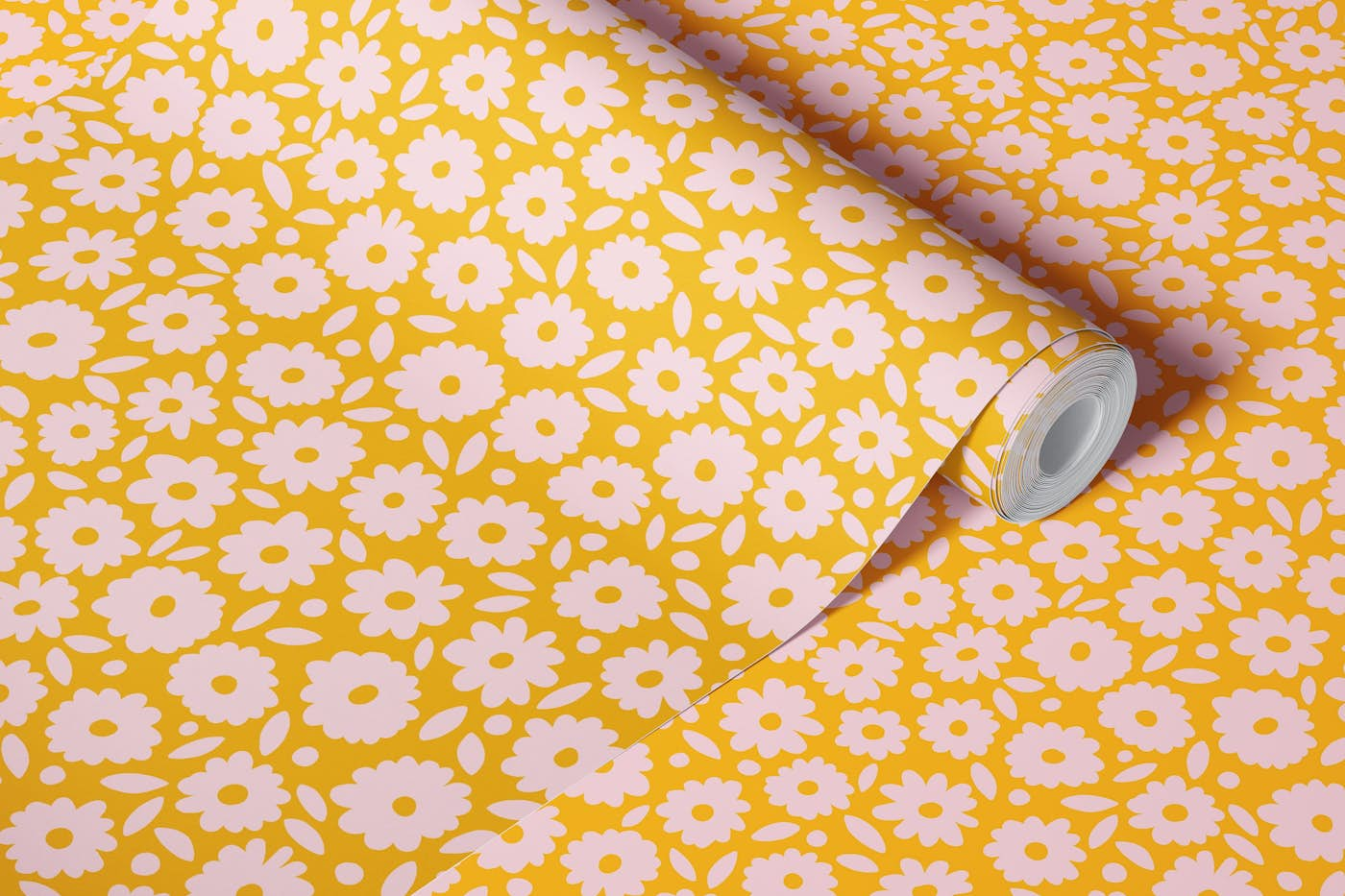 Ditsy Daisy - Pink and Yellow wallpaper roll