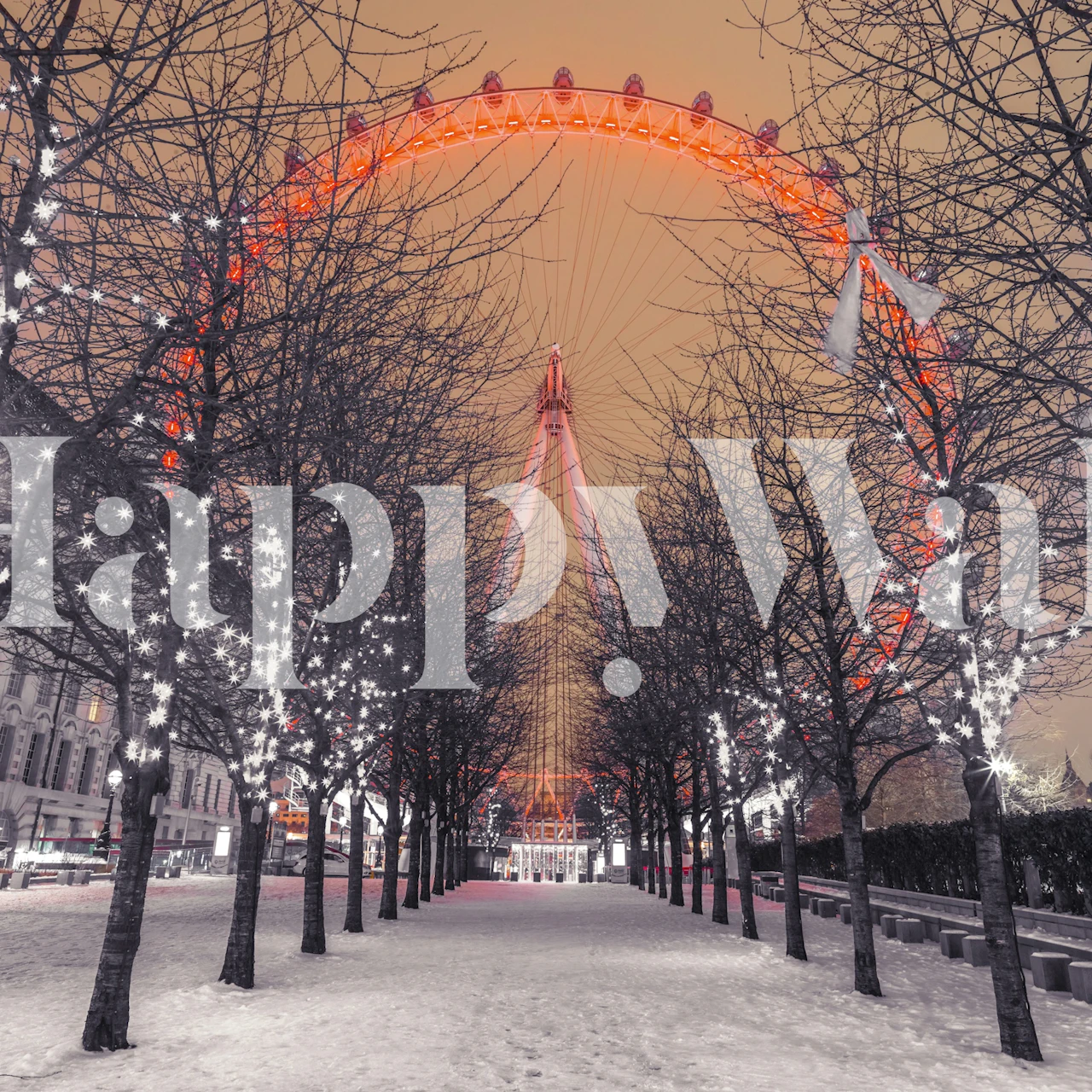 Snowy London Eye with festive lights wallpaper