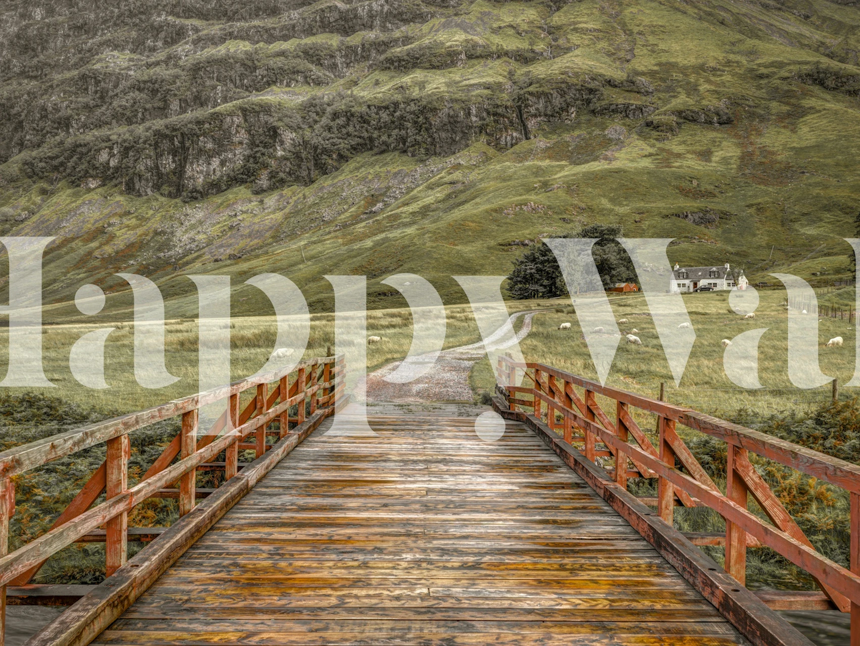 Bridge leading to a lush green landscape wallpaper