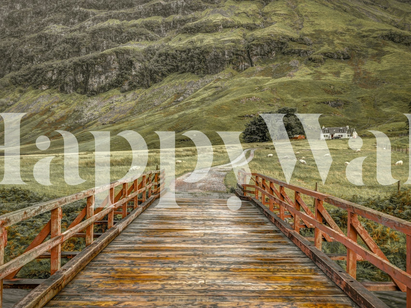 Bridge leading to un papier peint de paysage verdoyant
