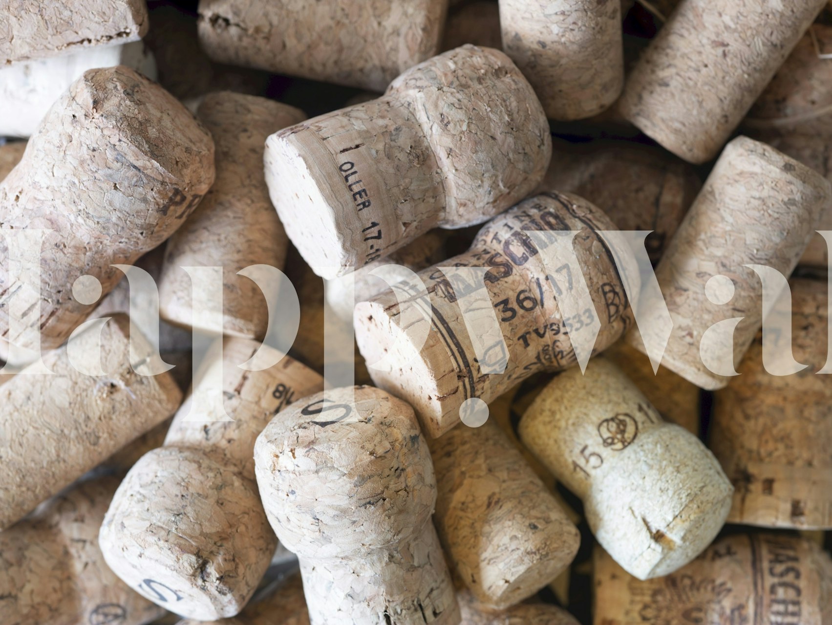 Realistic cork stoppers in various shades and sizes wallpaper