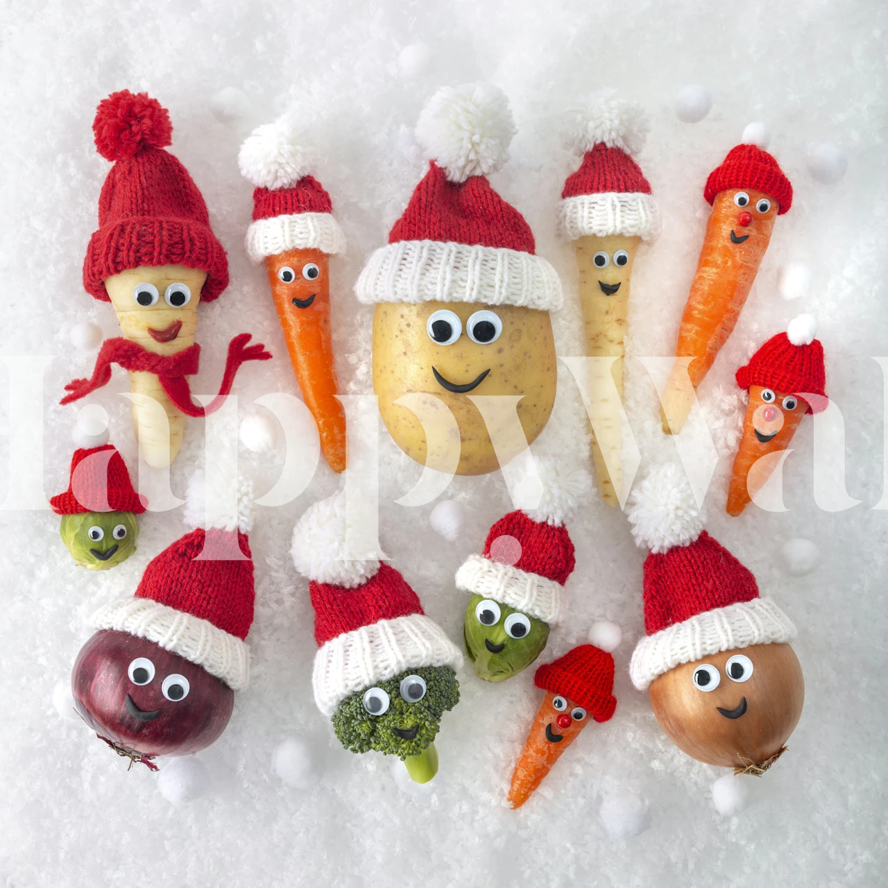 Fotomural personajes de dibujos animados de vegetales con temática navideña