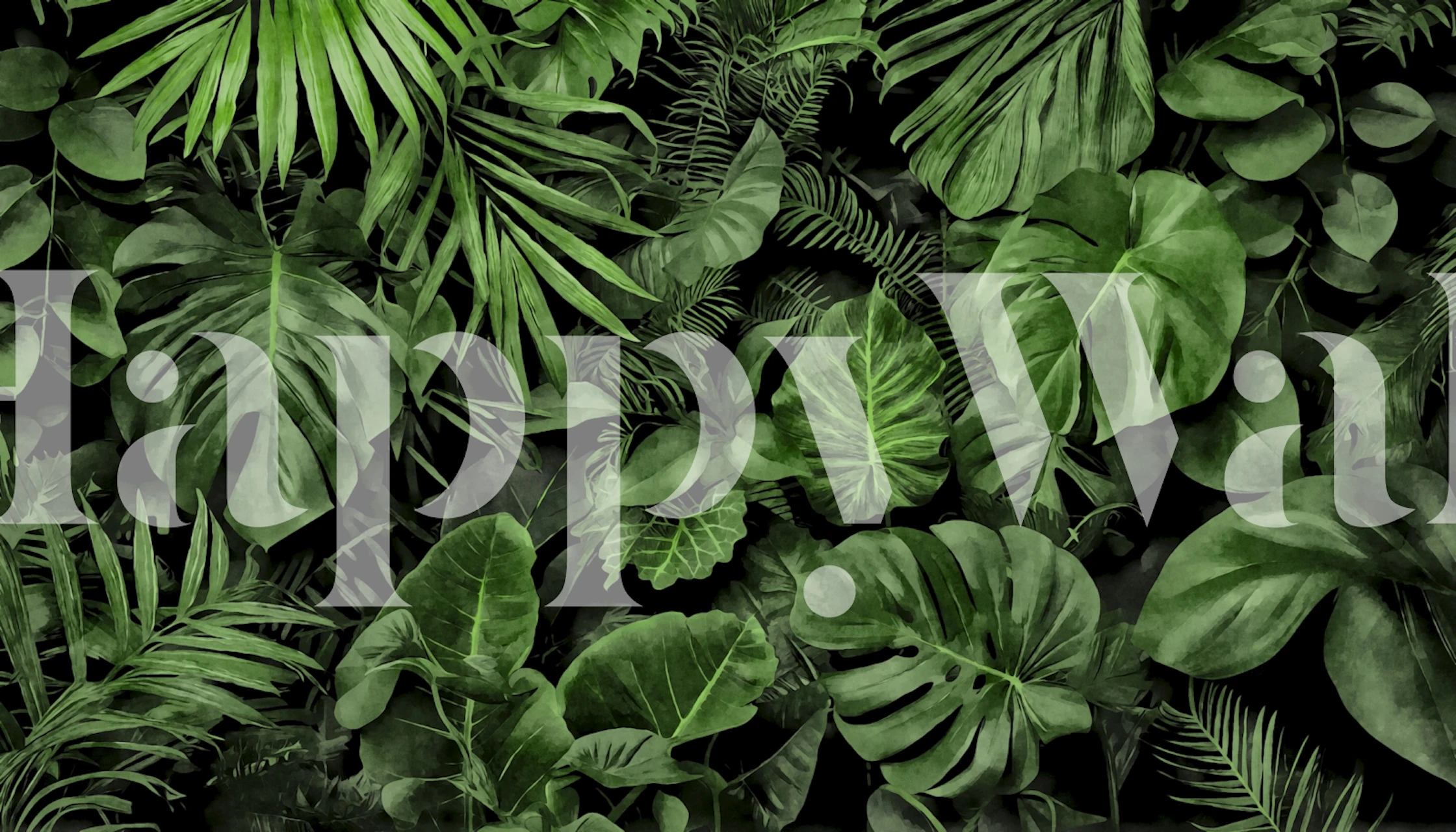 Lush green jungle foliage wallpaper with various leaf shapes
