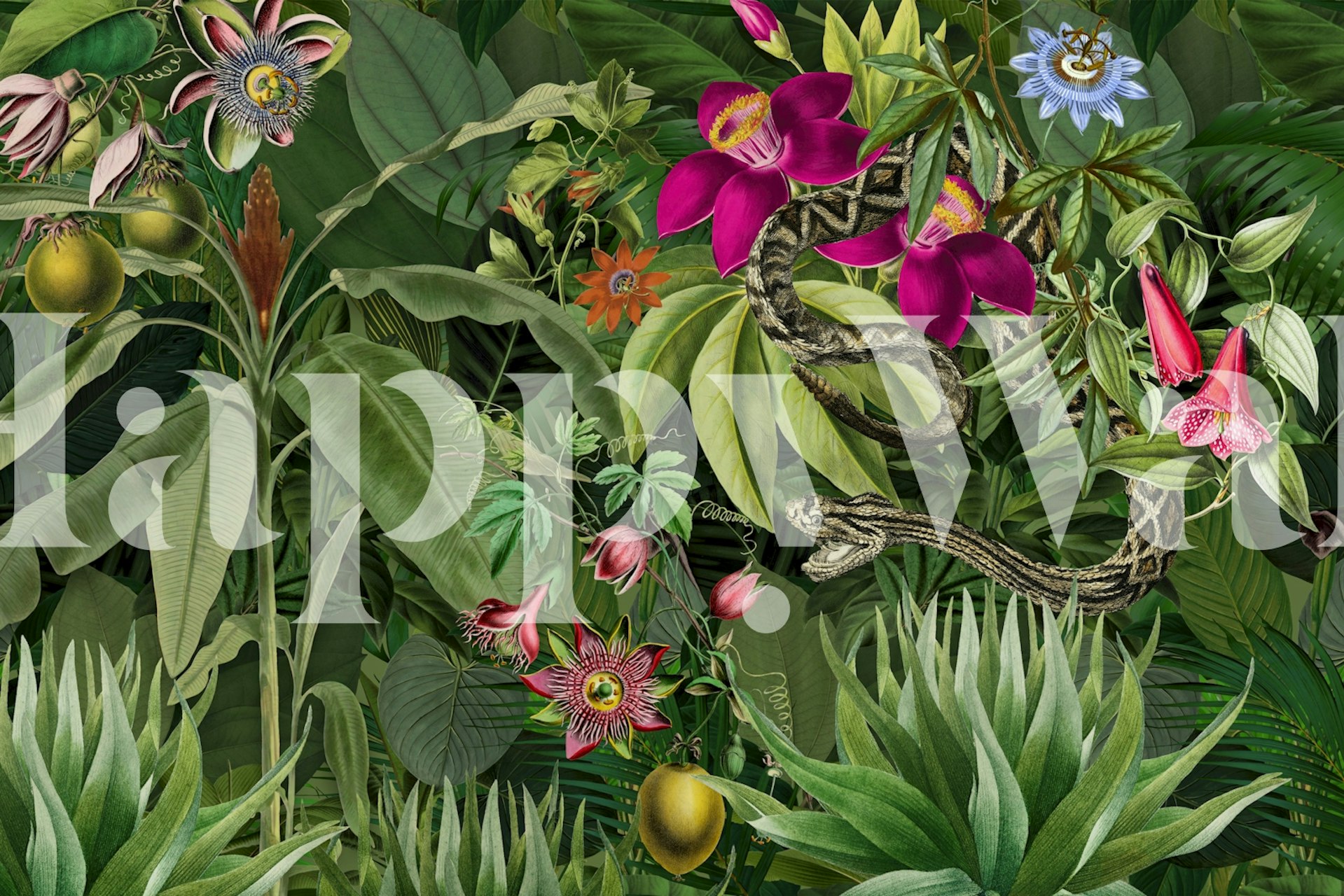 Tropical jungle wallpaper with snake and exotic plants