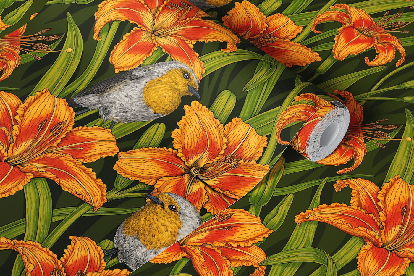 Robins and lilly flowers,orange and green wallpaper roll