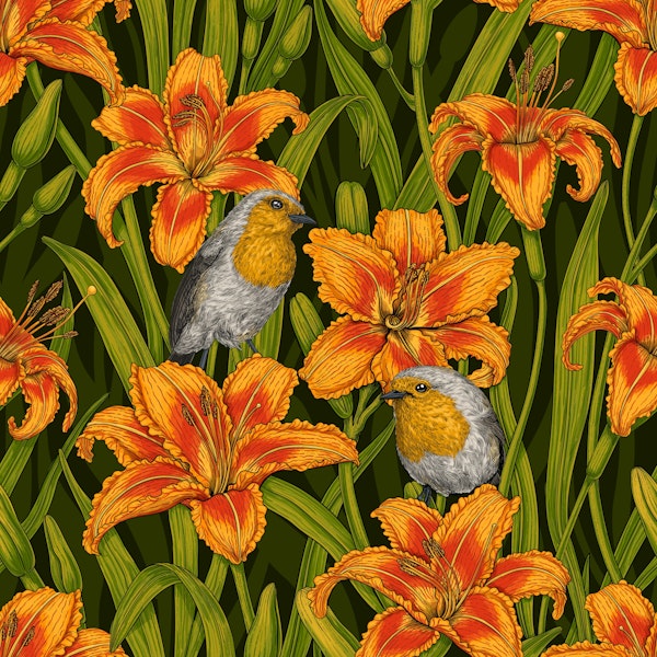 Robins and lilly flowers,orange and green