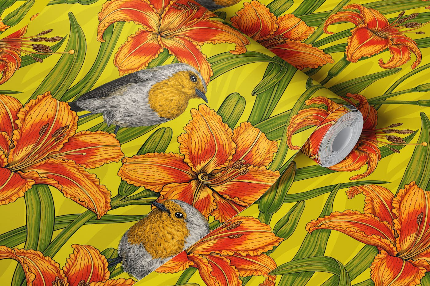 Robins and lilly flowers,orange and green 2 wallpaper roll