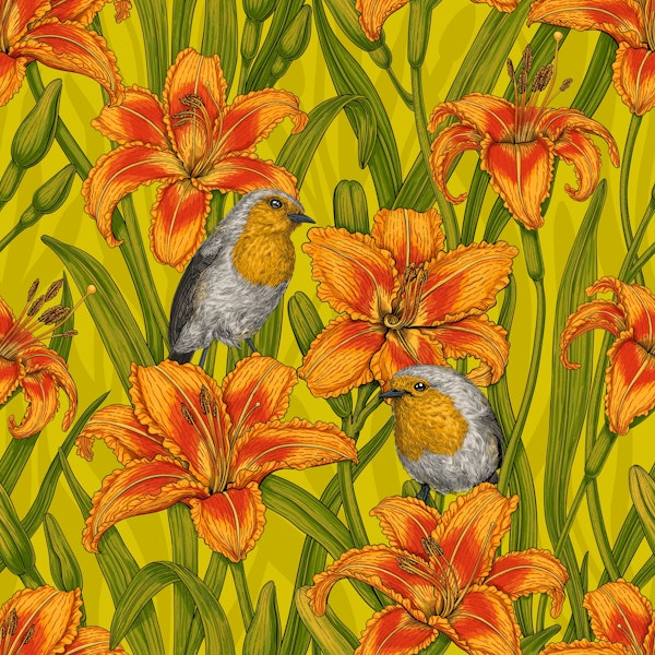 Robins and lilly flowers,orange and green 2