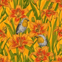 Robins and lilly flowers, orange and green wallpaper