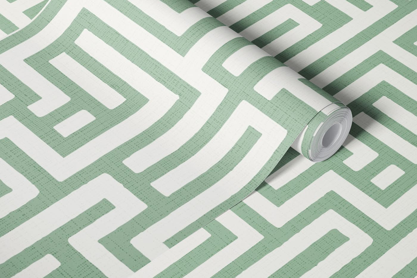 Maze - textured soft green and off-white wallpaper roll