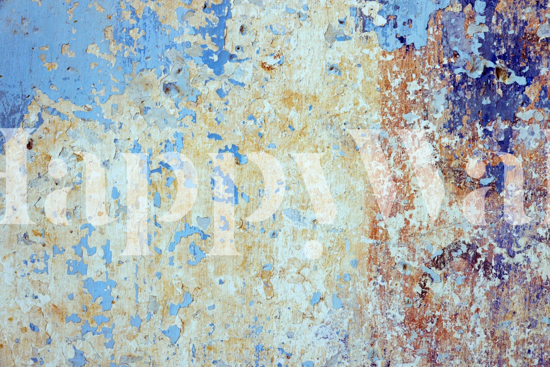 Distressed blå og brun vægmaleri med afskallet maling, der skaber et tekstureret, vintage look