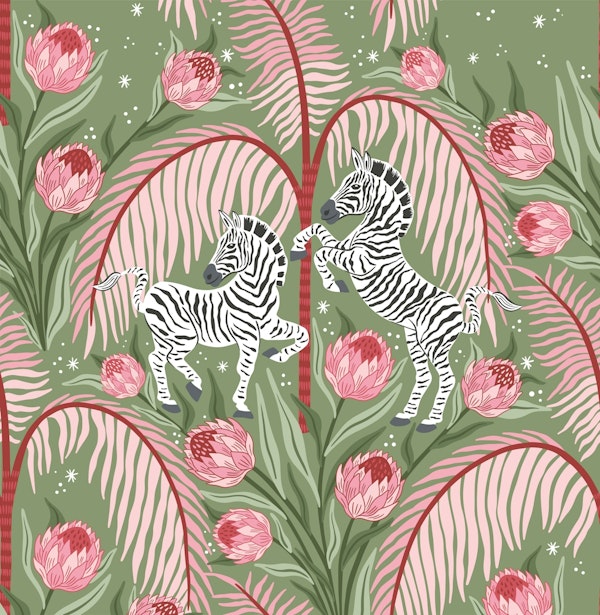 Zebra and Protea - green