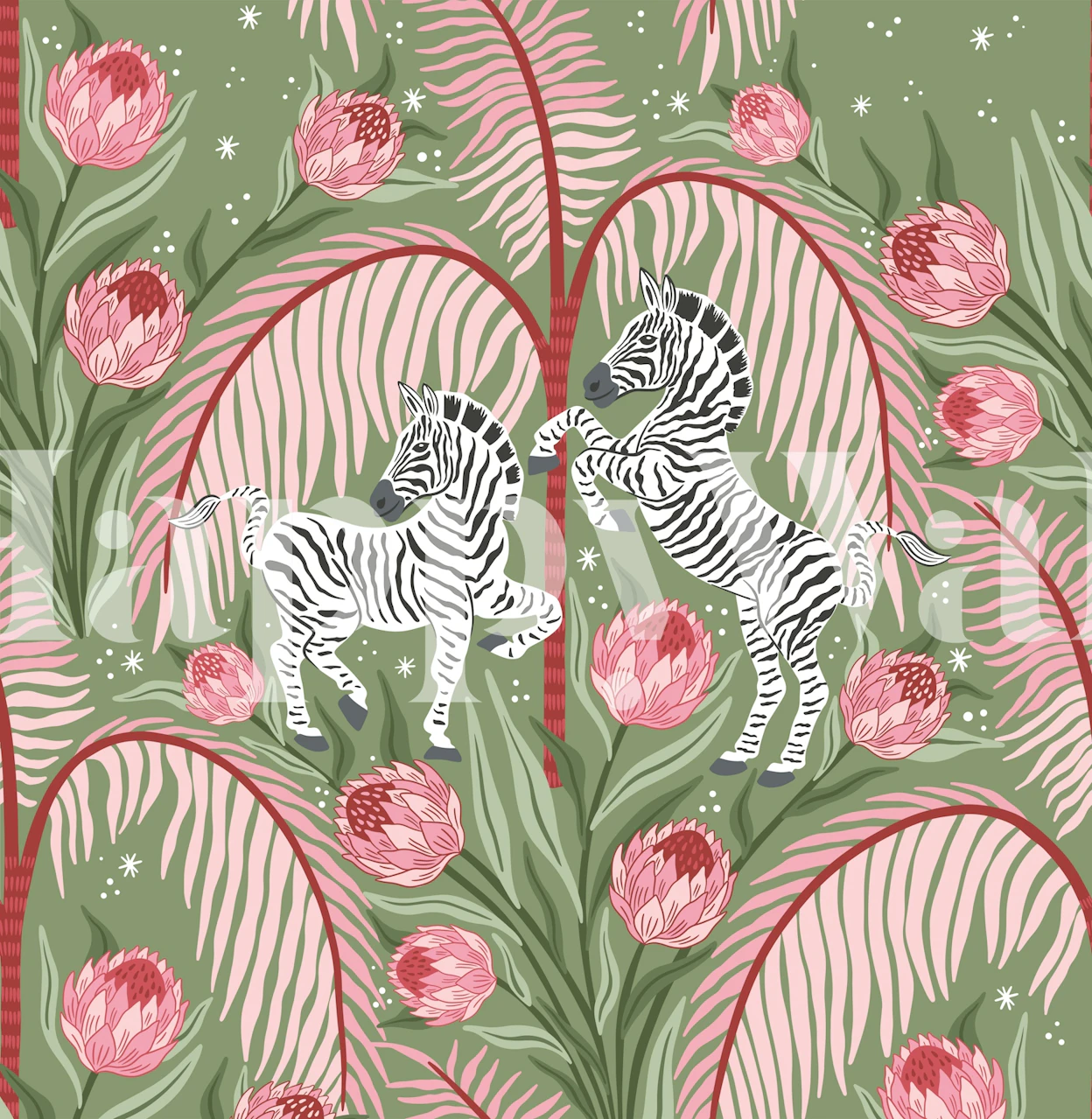Zebras and protea flowers in pink against green wallpaper