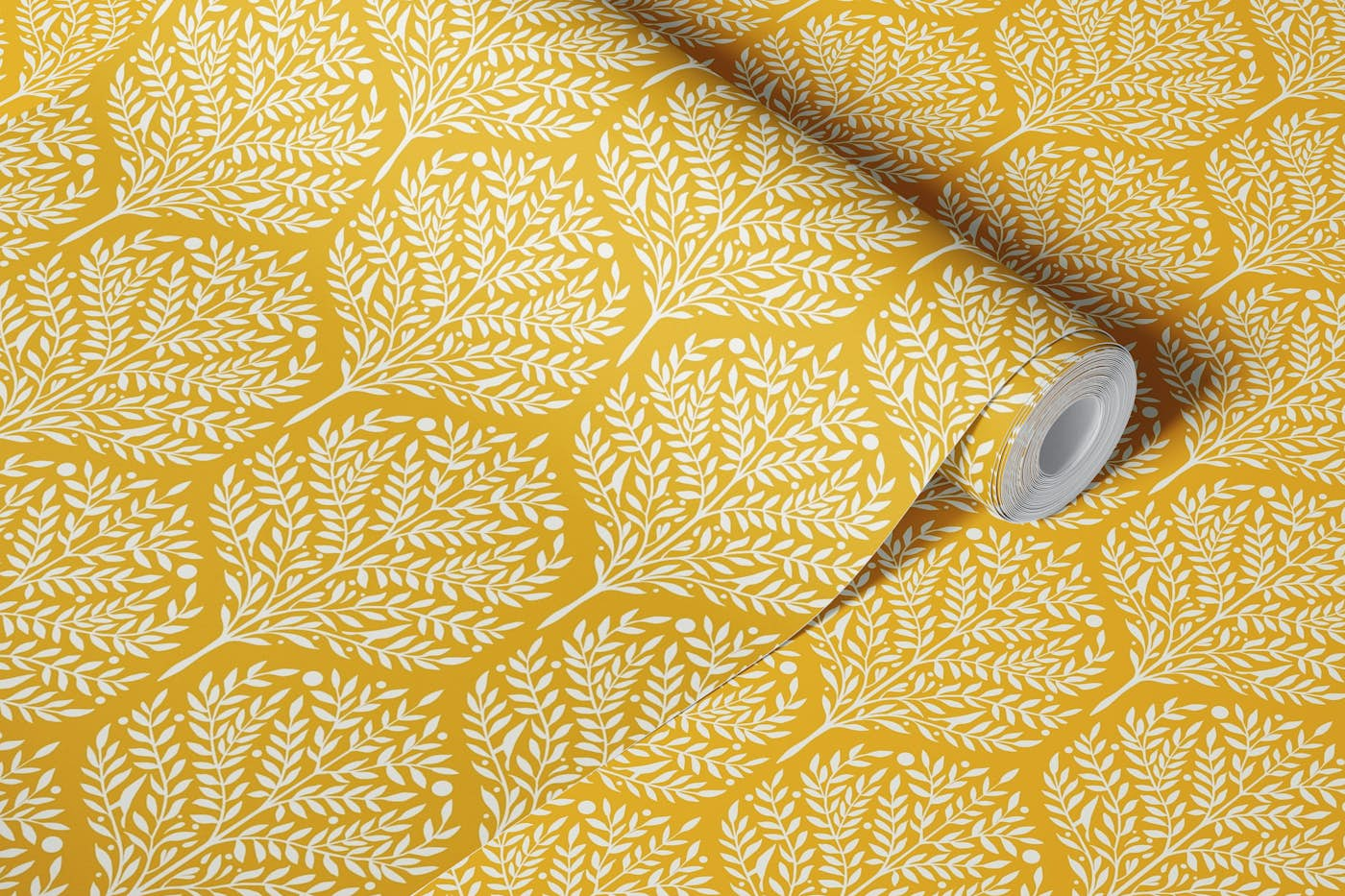 Folkart forest trees - mustard wallpaper roll