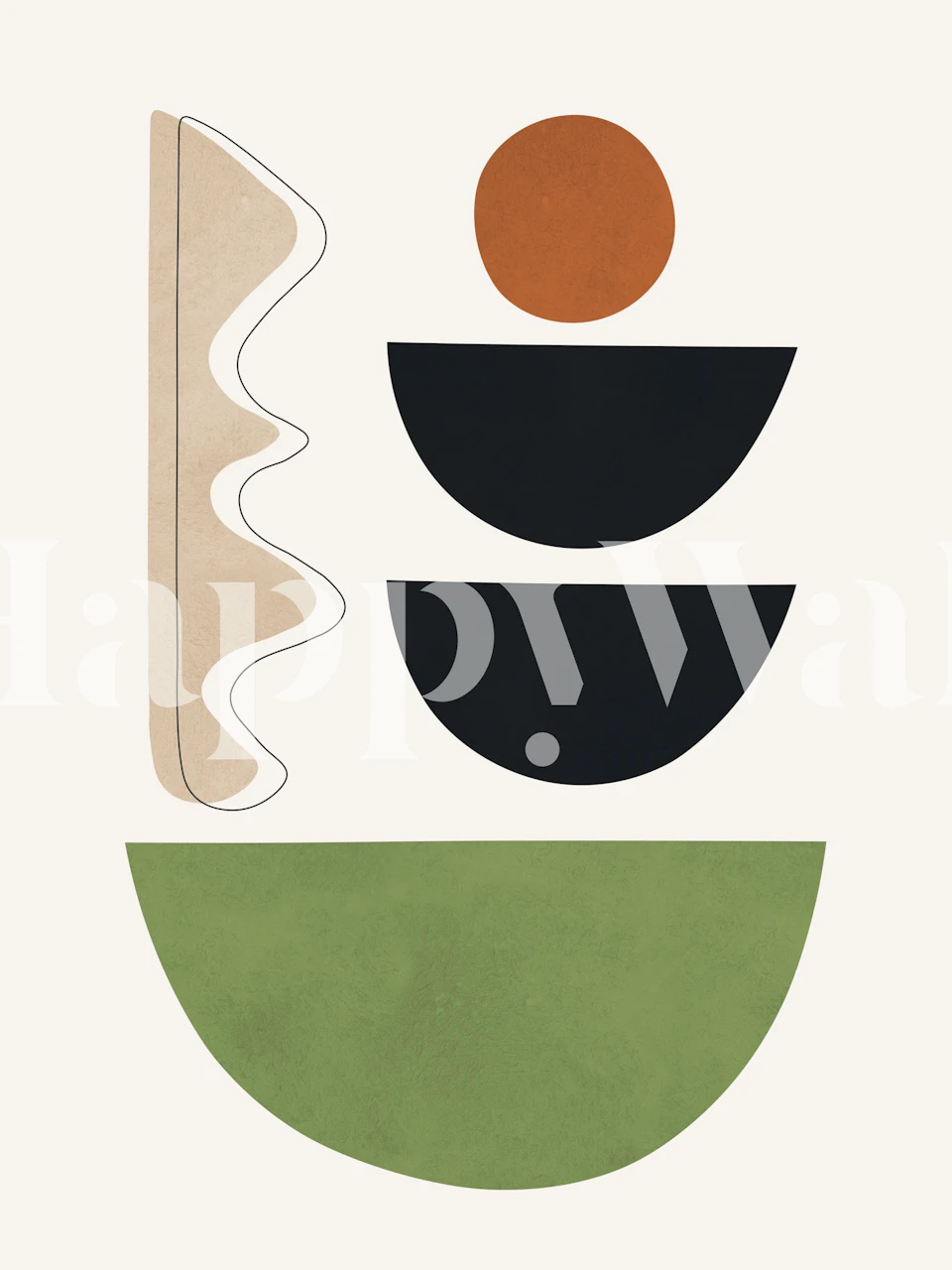 Abstrakt geometrisk veggmaleri med sirkler og halvsirkler i jordfarger og svart