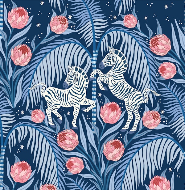 Zebra and Protea - dark blue