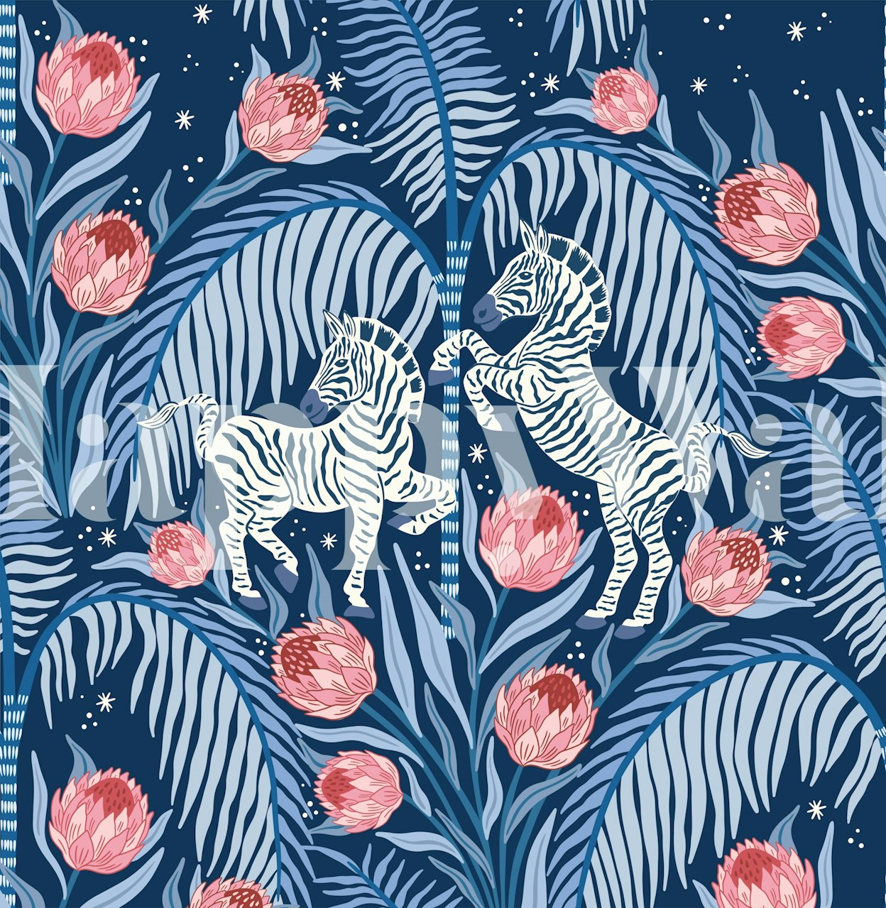 Zebra and protea wallpaper in dark blue