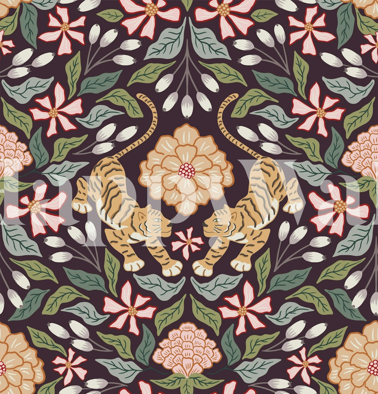 Tiger Floral wall mural featuring tigers and blooming flowers