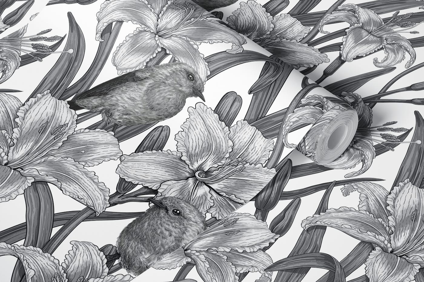 Robins and lilly flowers, black and white wallpaper roll