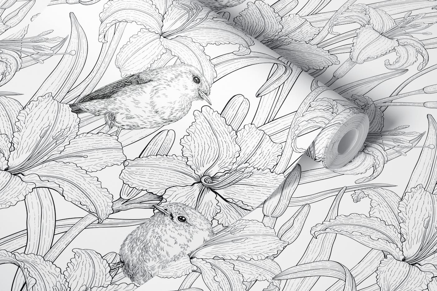 Robins and lilly flowers, black and white2 wallpaper roll