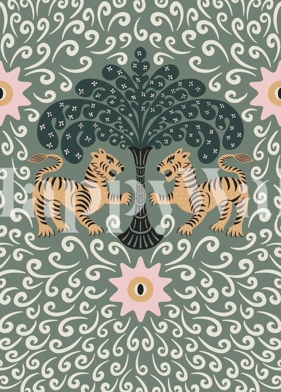 Tribal tiger tapet som visar upp två tigrar och stiliserade botaniska mönster på en lugnande bakgrund