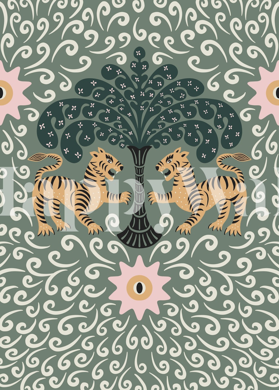 Tribal tiger veggmaleri som viser to tigre og stiliserte botaniske mønstre på en beroligende bakgrunn