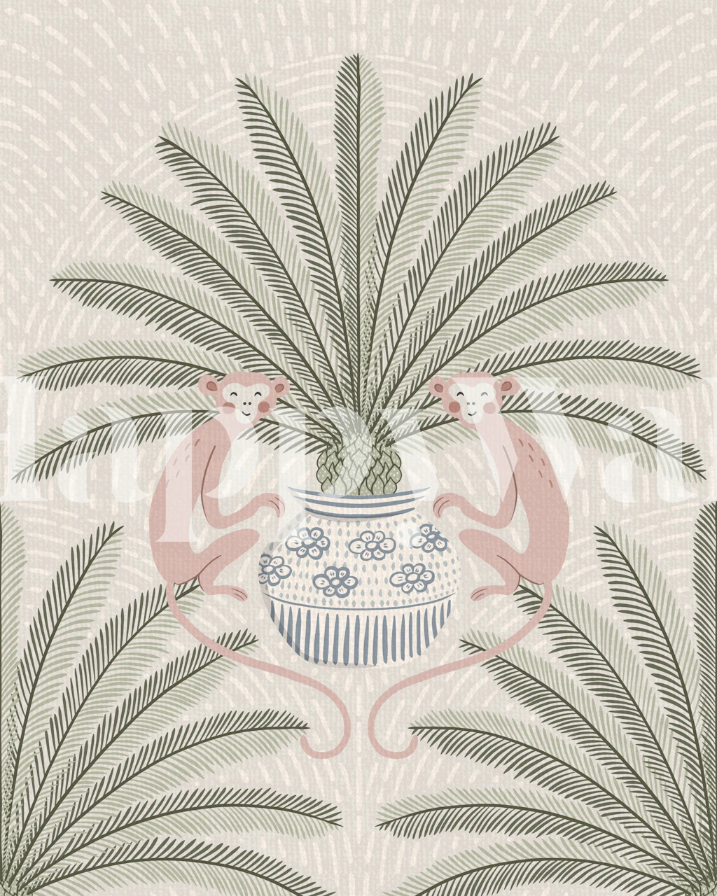 Chinoiserie monkey and palm wallpaper in een kamer
