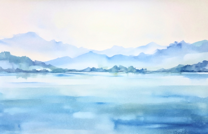Watercolor Landscape Blue Mountain Lake - Happywall