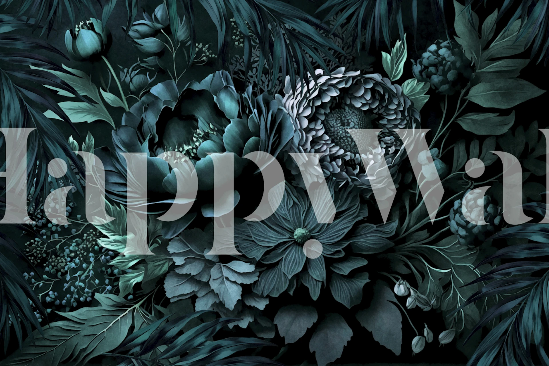Teal floral wallpaper with dark flowers and foliage