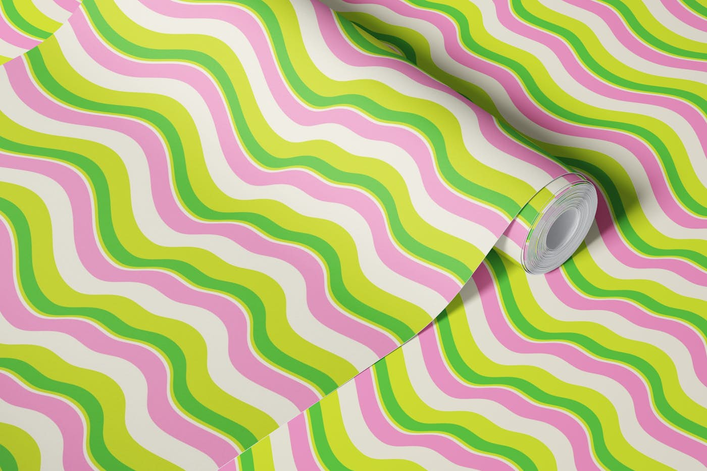 RIPPLE Wavy Retro Abstract Stripes Pink Green wallpaper roll