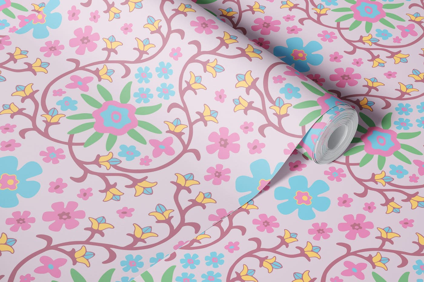 GORGEOUS GARLANDS Cottage Floral Damask Pink wallpaper roll