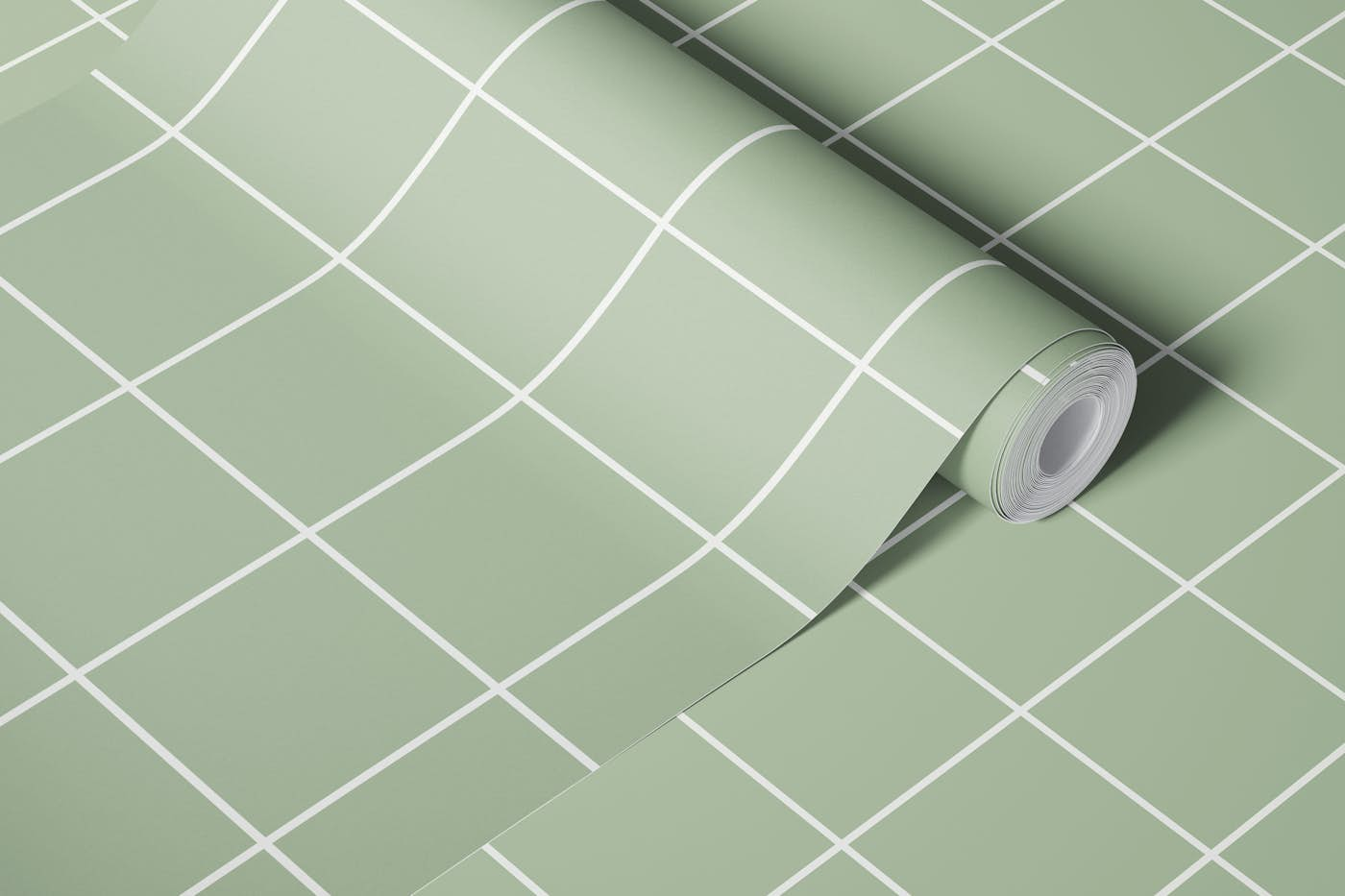 Minimal Squares Tile - Sage Green and White wallpaper roll