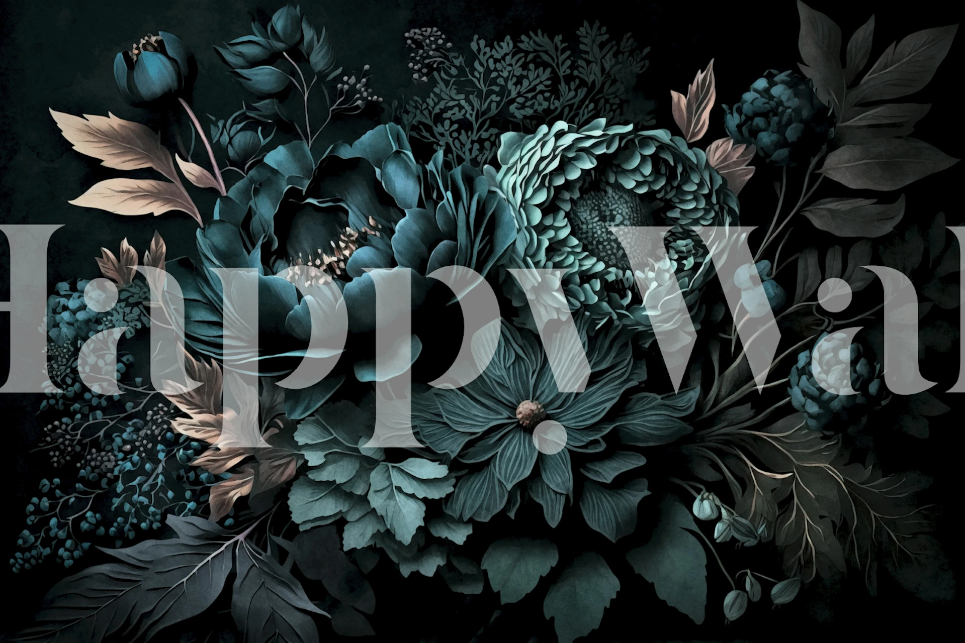 Turquoise and green moody floral arrangement wallpaper