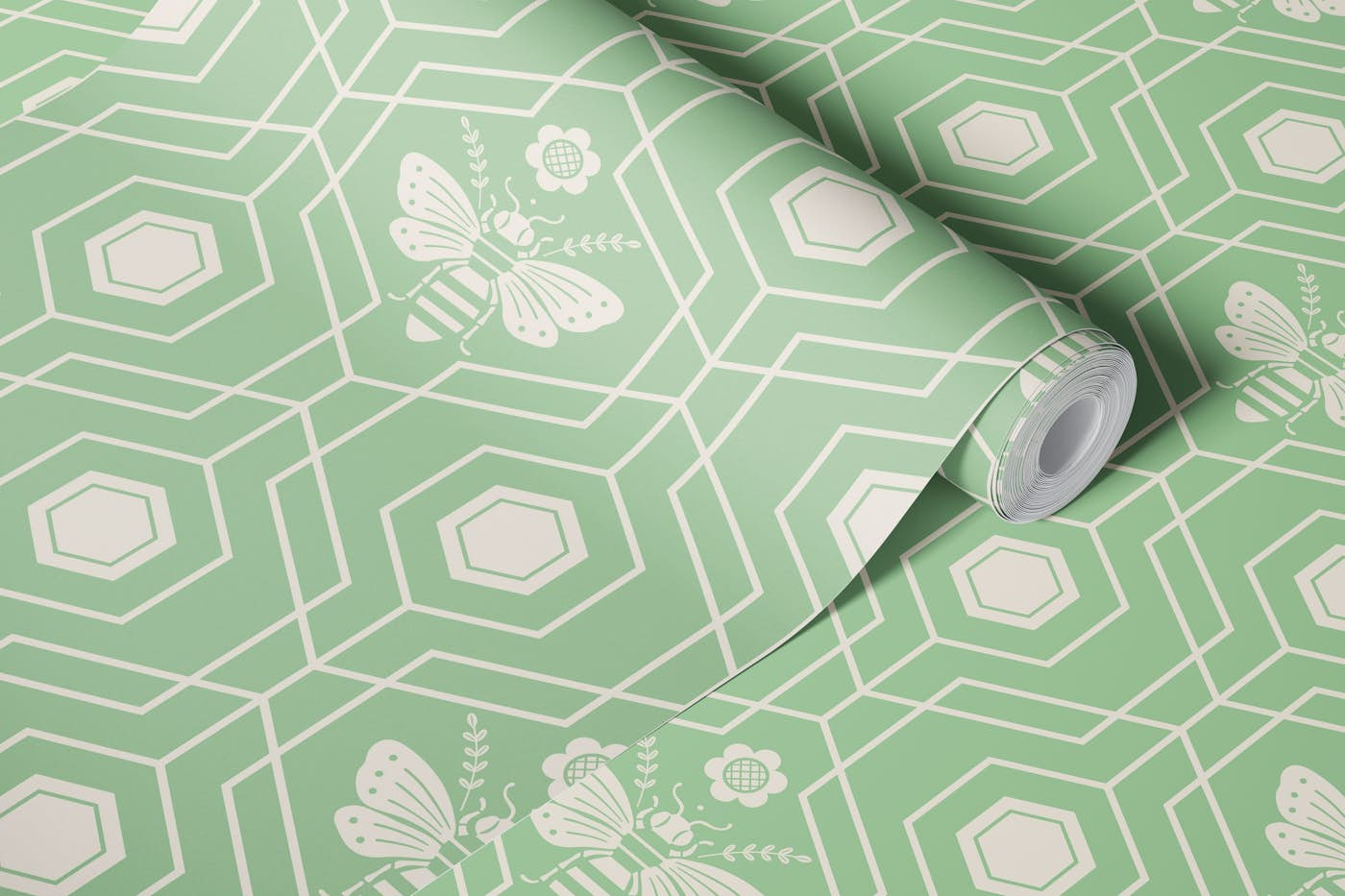 Bee Dance - Vintage Green and Beige - Medium wallpaper roll