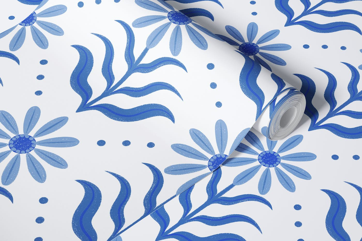 Blue Geo Floral Boho Retro Scandi wallpaper roll