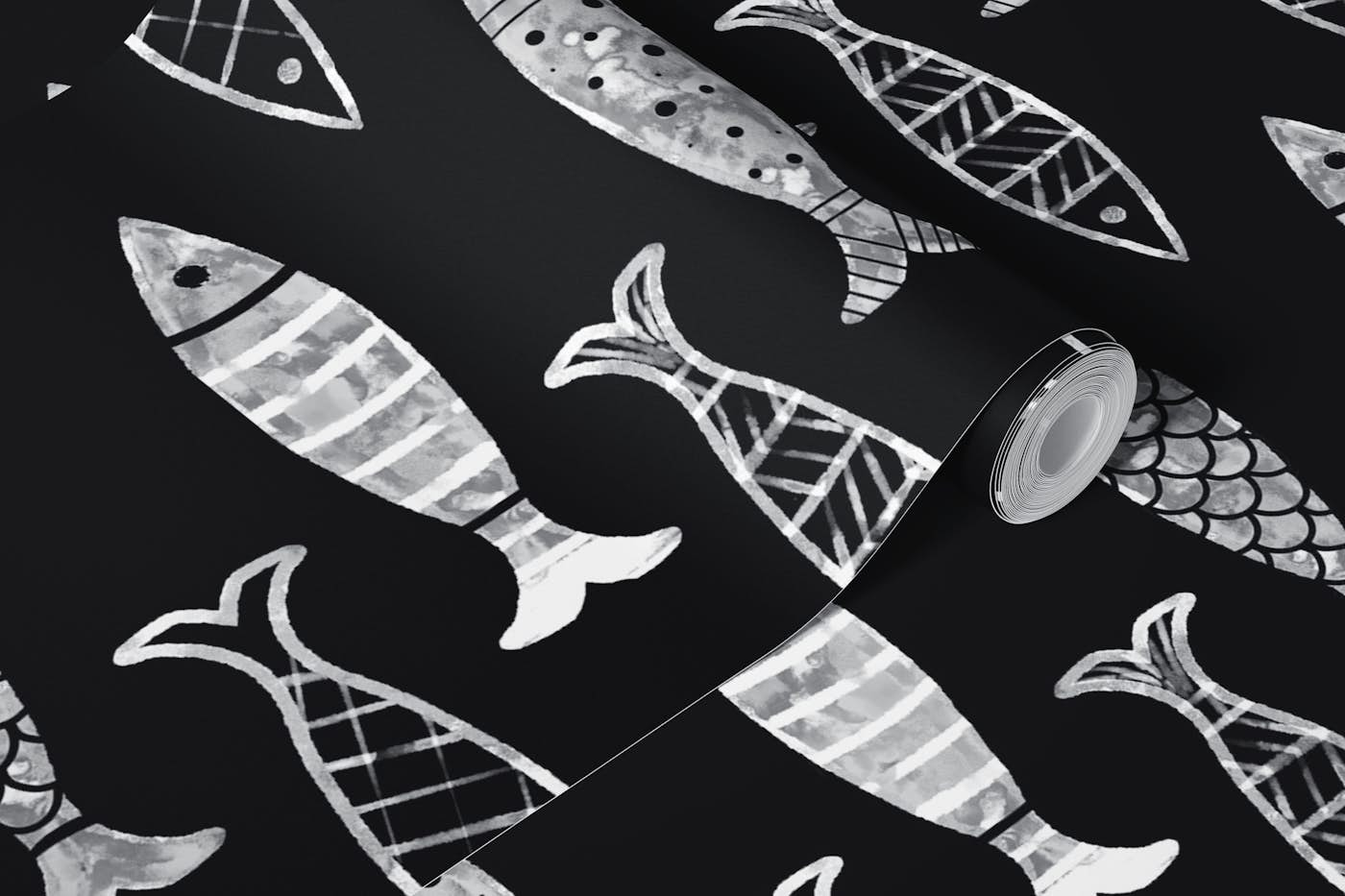 BW Fishy Theme on Dark wallpaper roll