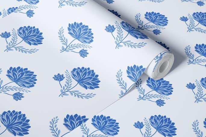Indigo blue Marigold floralwallpaper roll