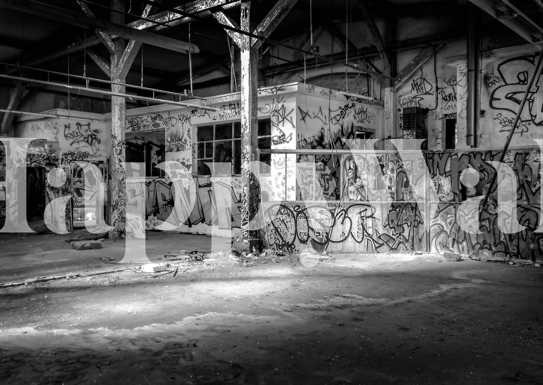 Graffiti-geïnspireerde wallpaper die rauwe Berlijnse straatkunst in een monochrome palette afgebeeldt