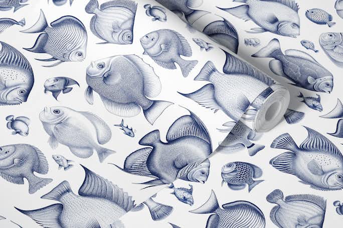 School of Uncanny Fish - Delft Bluewallpaper roll