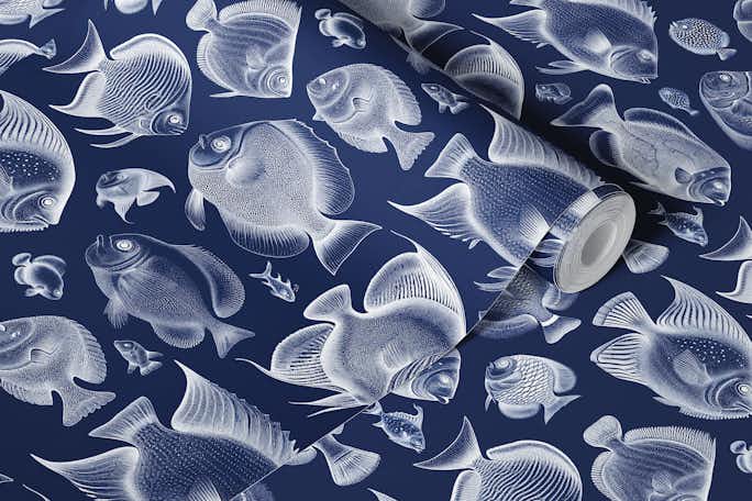School of Uncanny Fish - Dark Bluewallpaper roll