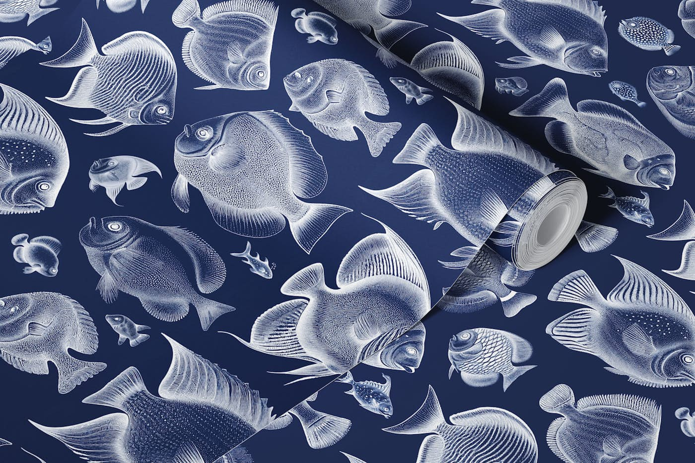 School of Uncanny Fish - Dark Blue wallpaper roll