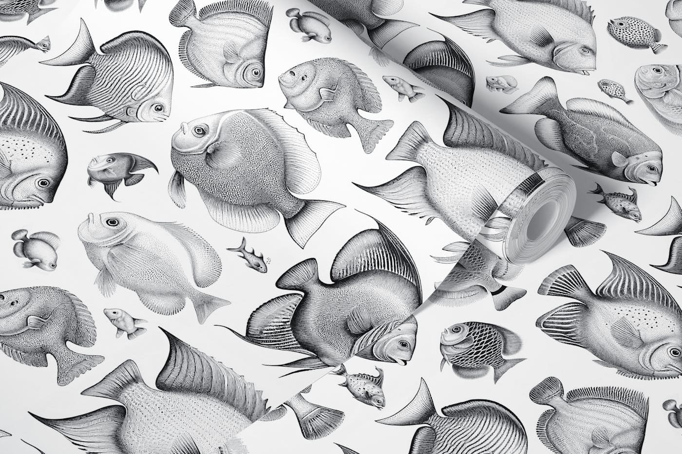 School of Uncanny Fish - Black & White wallpaper roll