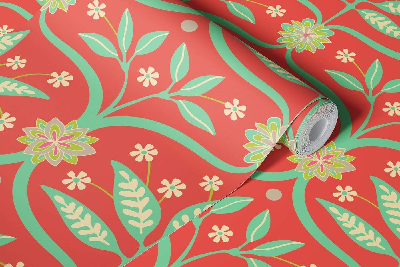 MAHAL Floral Botanical Damask Coral Large wallpaper roll