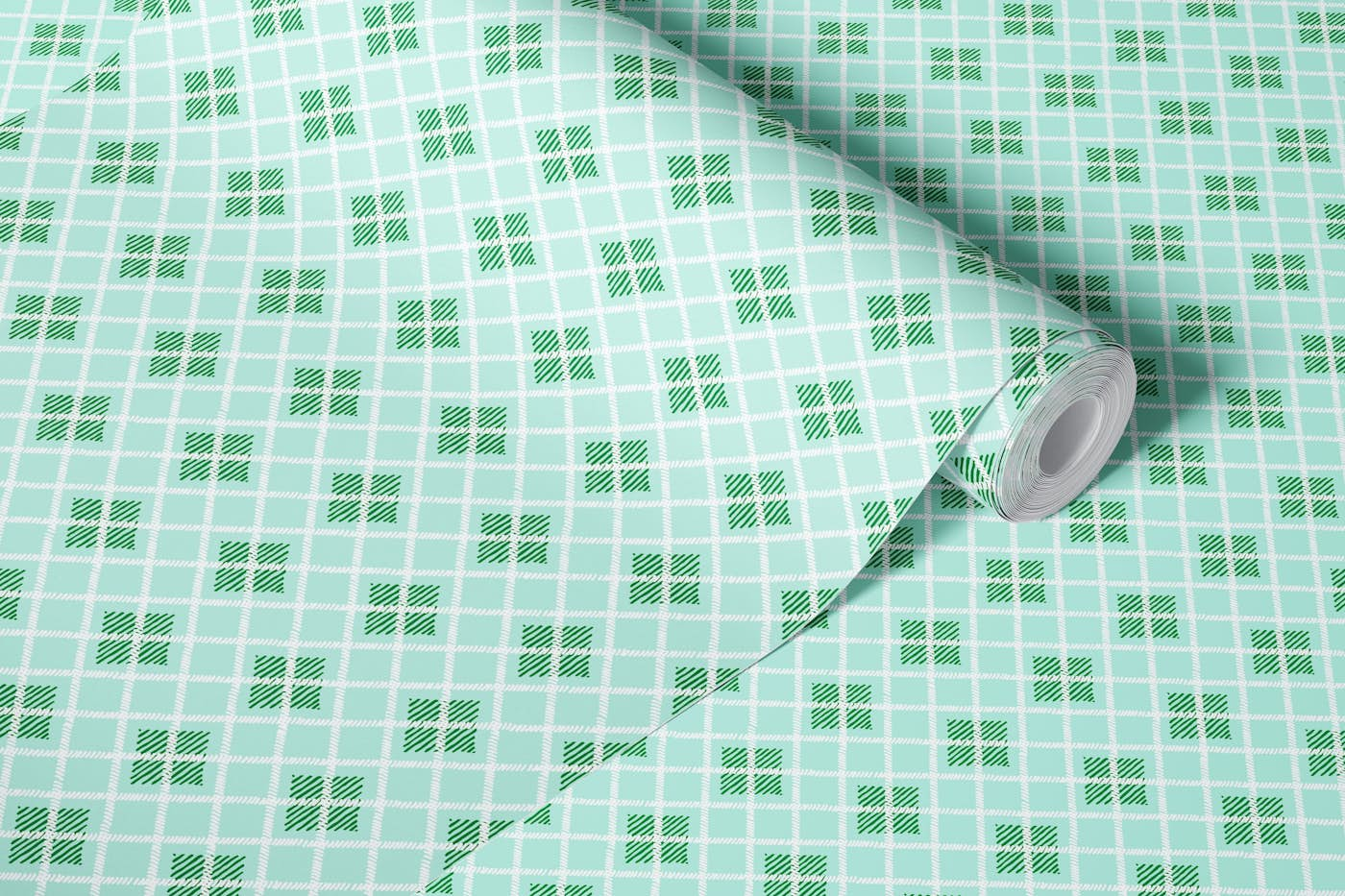 Green plaid white trellis wallpaper roll