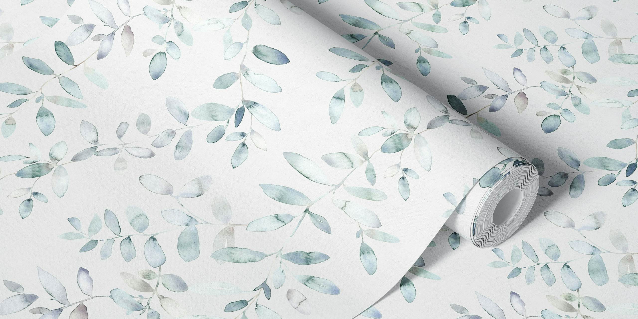 Papel tapiz Silver light blue watercolor leaves en una habitación