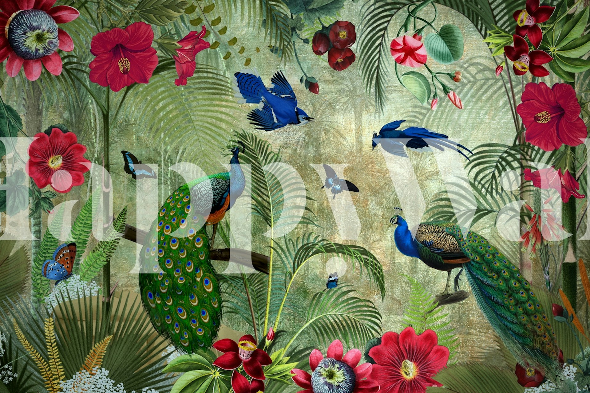 Tropical peacock jungle wallpaper in room