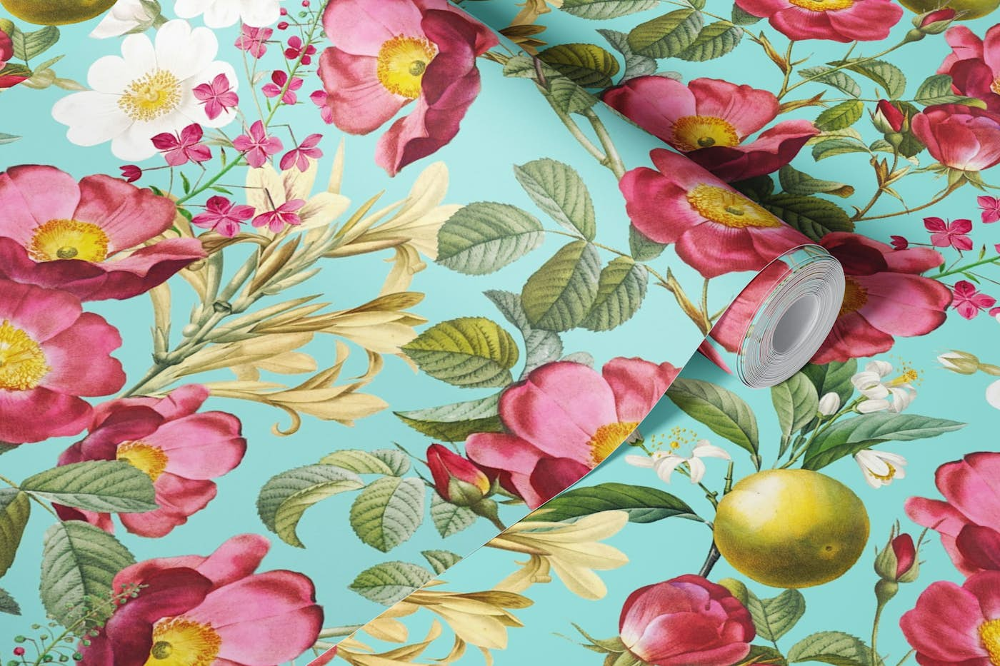 Vintage Turquoise Botanical Rose Garden wallpaper roll