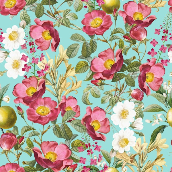 Vintage Turquoise Botanical Rose Garden