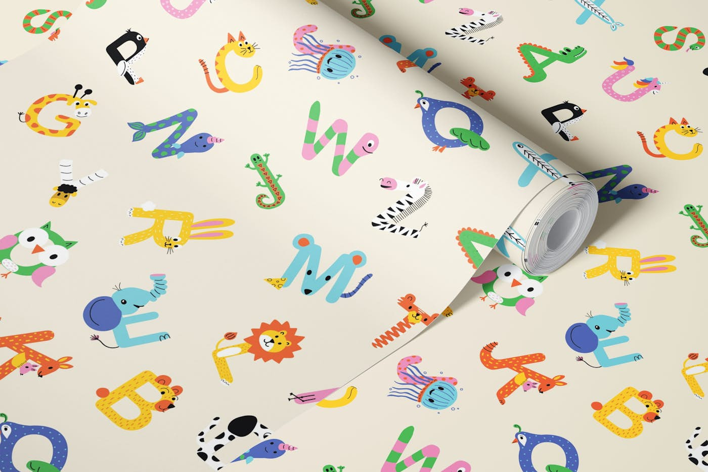 ABC's Animal Letters - Light Beige wallpaper roll