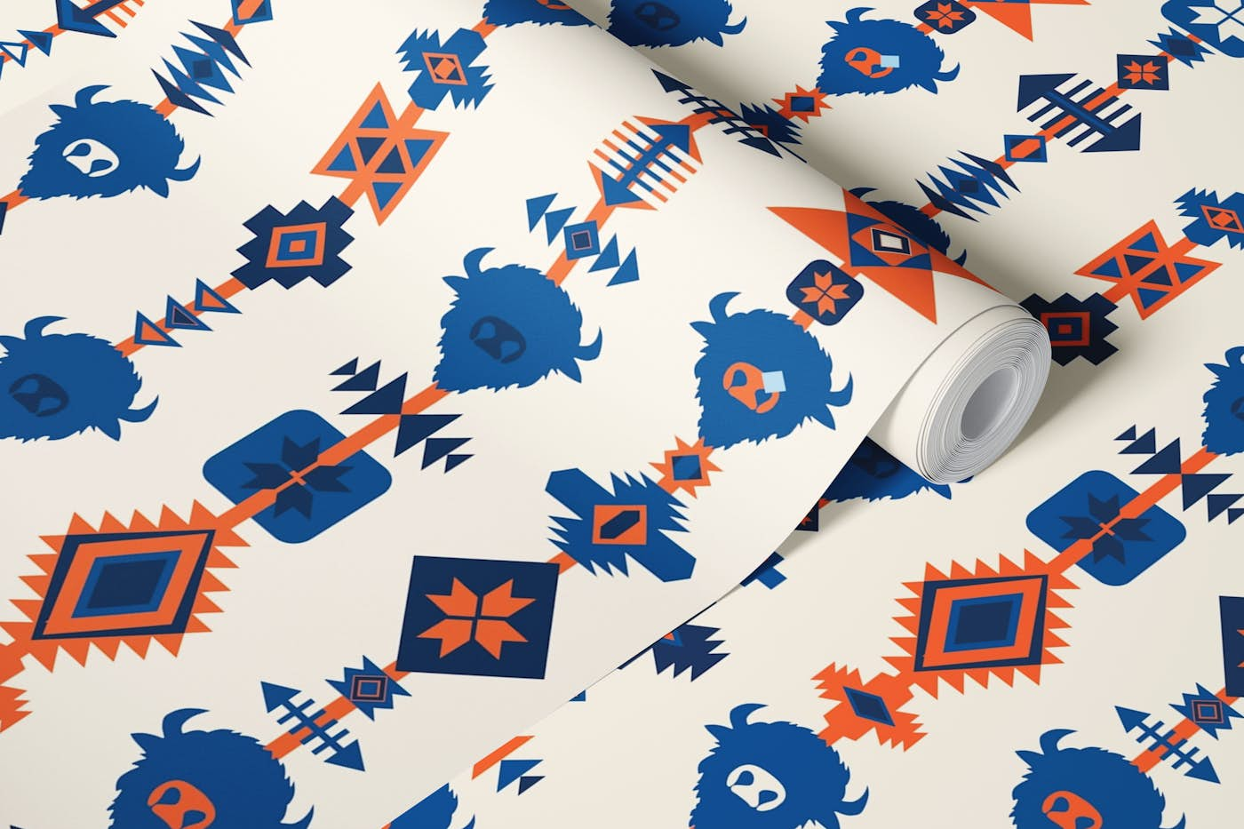 Buffalo and Aztec Lines - Cream Blue Orange wallpaper roll